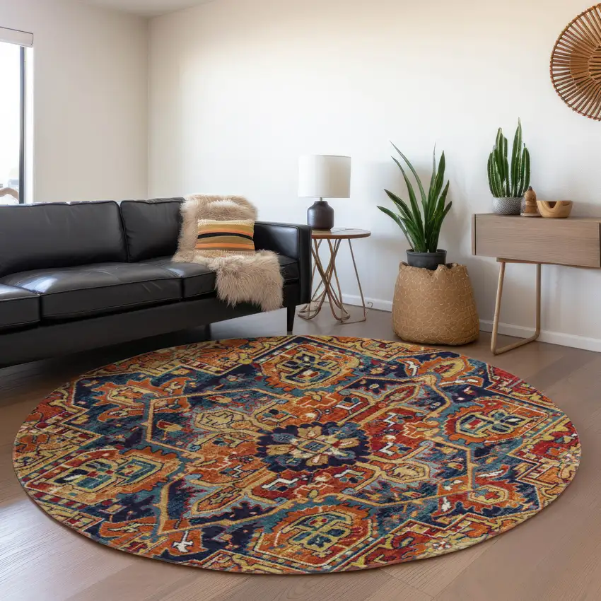 8' Rust Blue And Gold Oriental Washable Round Rug With UV Protection Photo 5