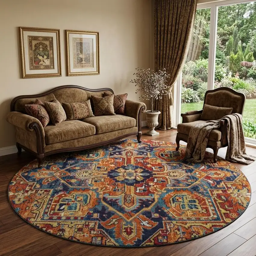 8' Rust Blue And Gold Oriental Washable Round Rug With UV Protection Photo 1