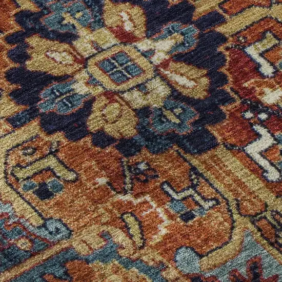 8' Rust Blue And Gold Oriental Washable Round Rug With UV Protection Photo 9