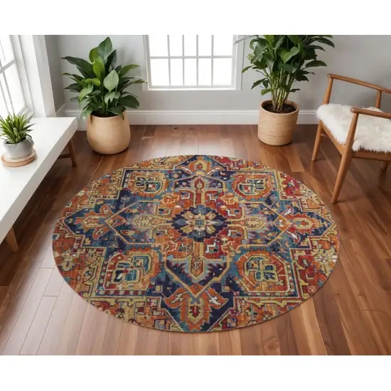 8' Rust Blue And Gold Oriental Washable Round Rug With UV Protection Photo 2