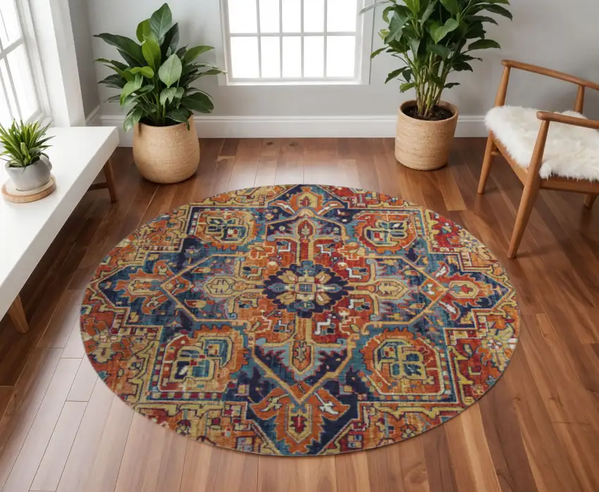 8' Rust Blue And Gold Oriental Washable Round Rug With UV Protection Photo 2