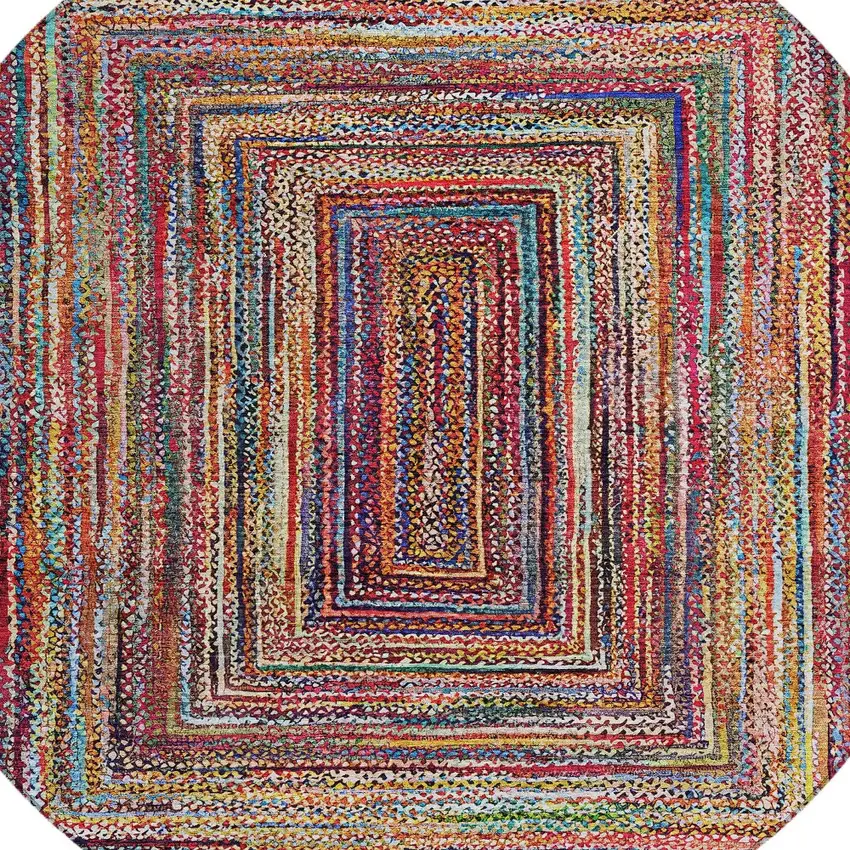 8' Rust Blue And Gold Round Geometric Washable Indoor Outdoor Area Rug Photo 7