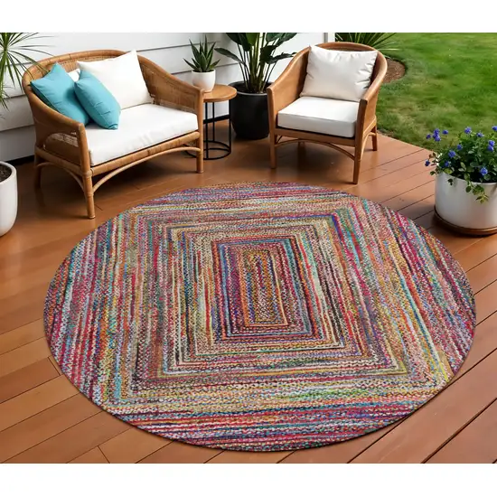 8' Rust Blue And Gold Round Geometric Washable Indoor Outdoor Area Rug Photo 2