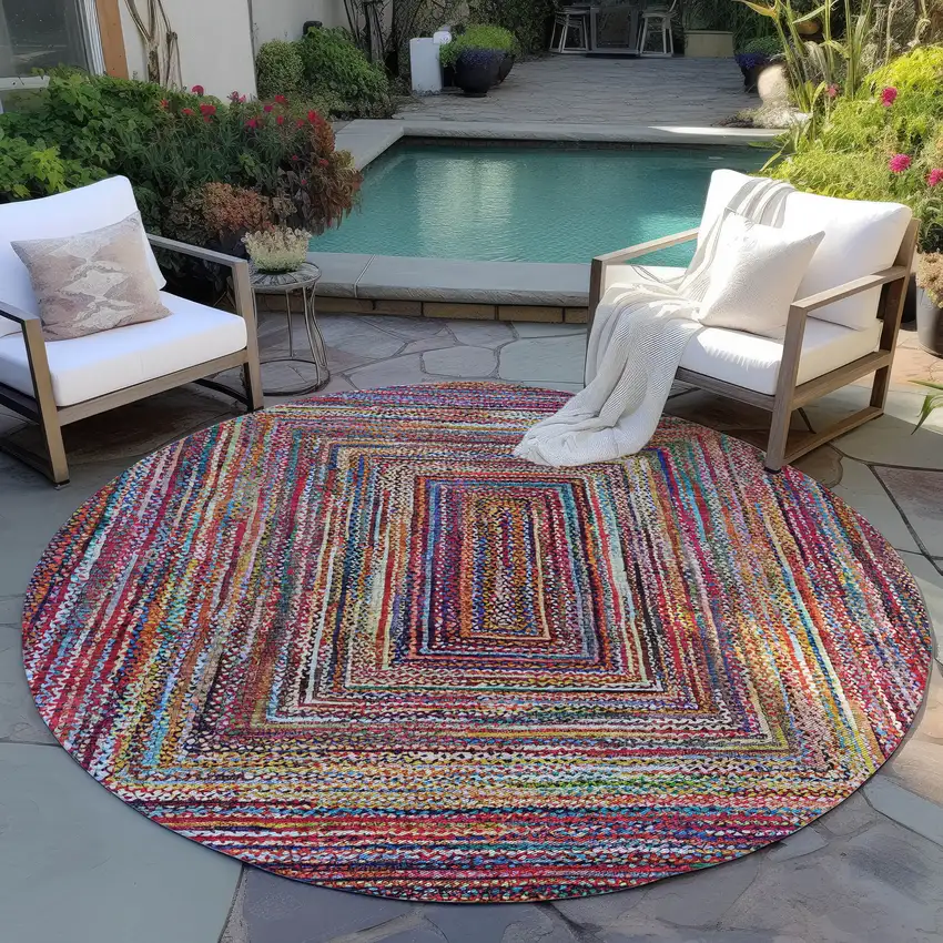 8' Rust Blue And Gold Round Geometric Washable Indoor Outdoor Area Rug Photo 5