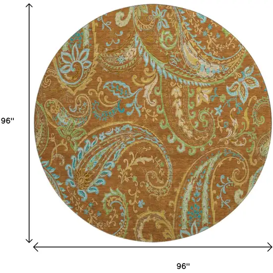 8' Rust Blue And Green Paisley Washable Round Rug With UV Protection Photo 9