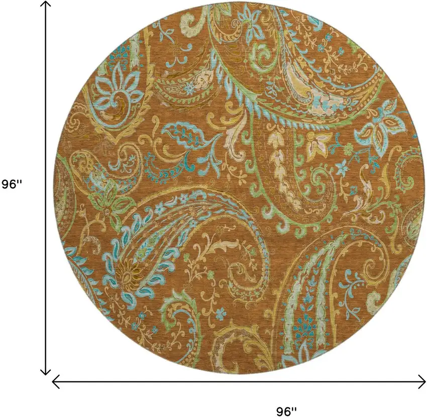 8' Rust Blue And Green Paisley Washable Round Rug With UV Protection Photo 9