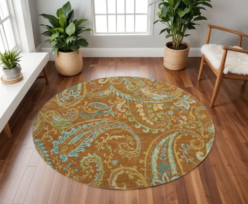 8' Rust Blue And Green Paisley Washable Round Rug With UV Protection Photo 2