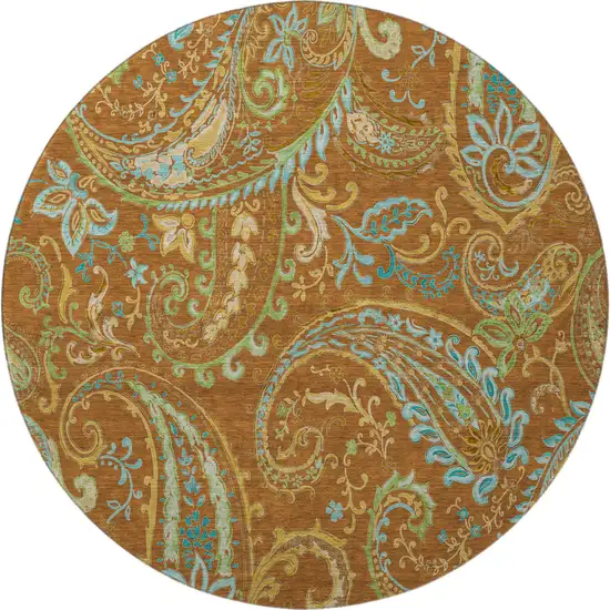 8' Rust Blue And Green Paisley Washable Round Rug With UV Protection Photo 4