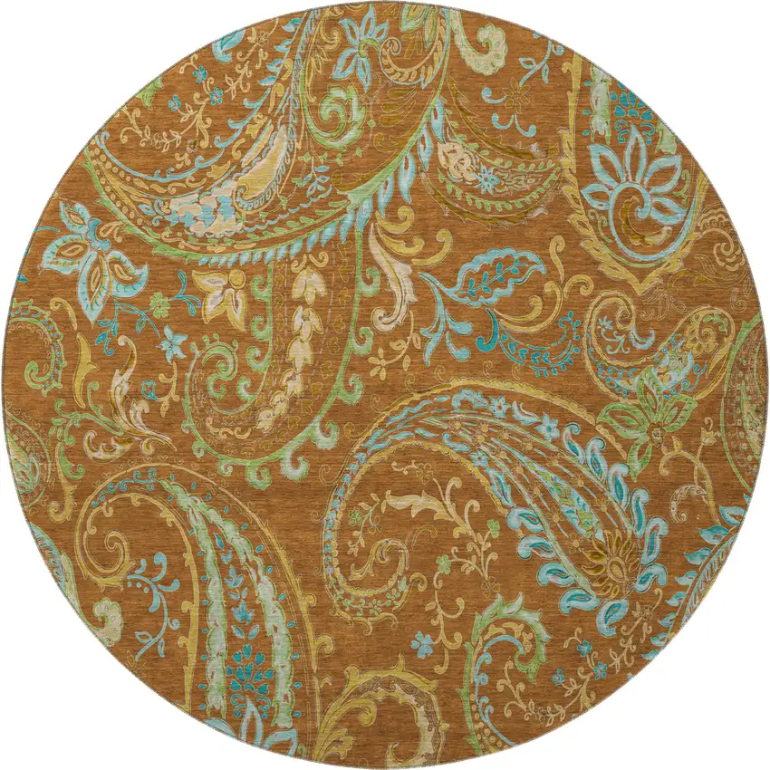 8' Rust Blue And Green Paisley Washable Round Rug With UV Protection Photo 4