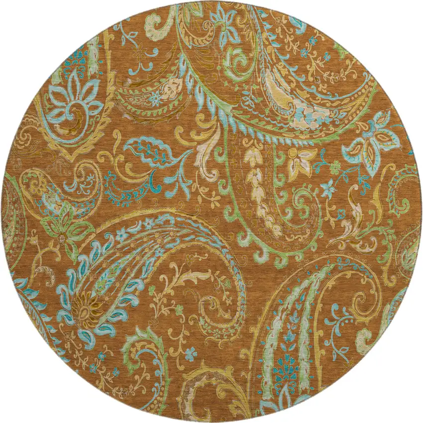 8' Rust Blue And Green Paisley Washable Round Rug With UV Protection Photo 1