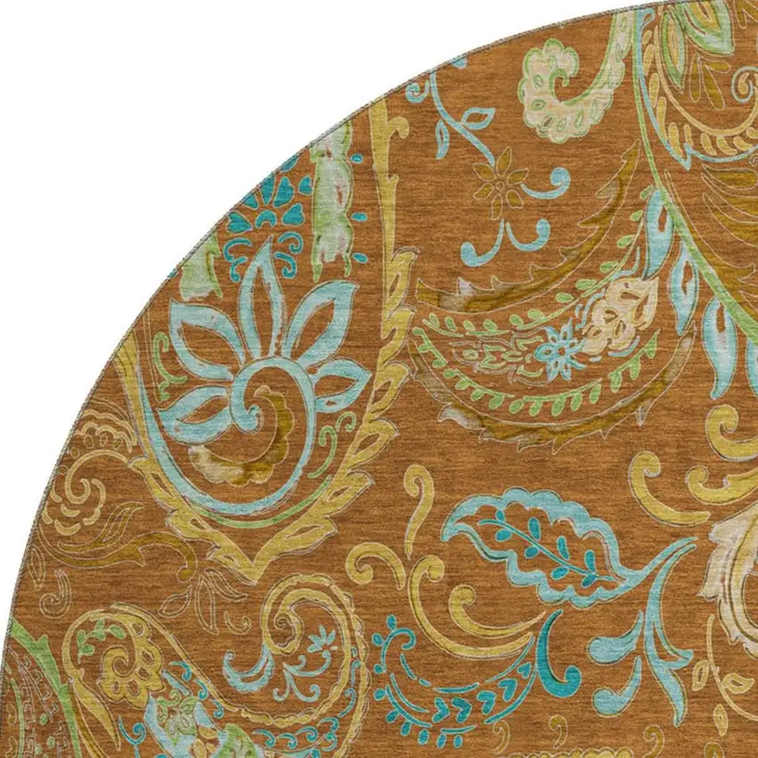 8' Rust Blue And Green Paisley Washable Round Rug With UV Protection Photo 3