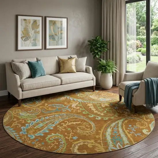 8' Rust Blue And Green Paisley Washable Round Rug With UV Protection Photo 1