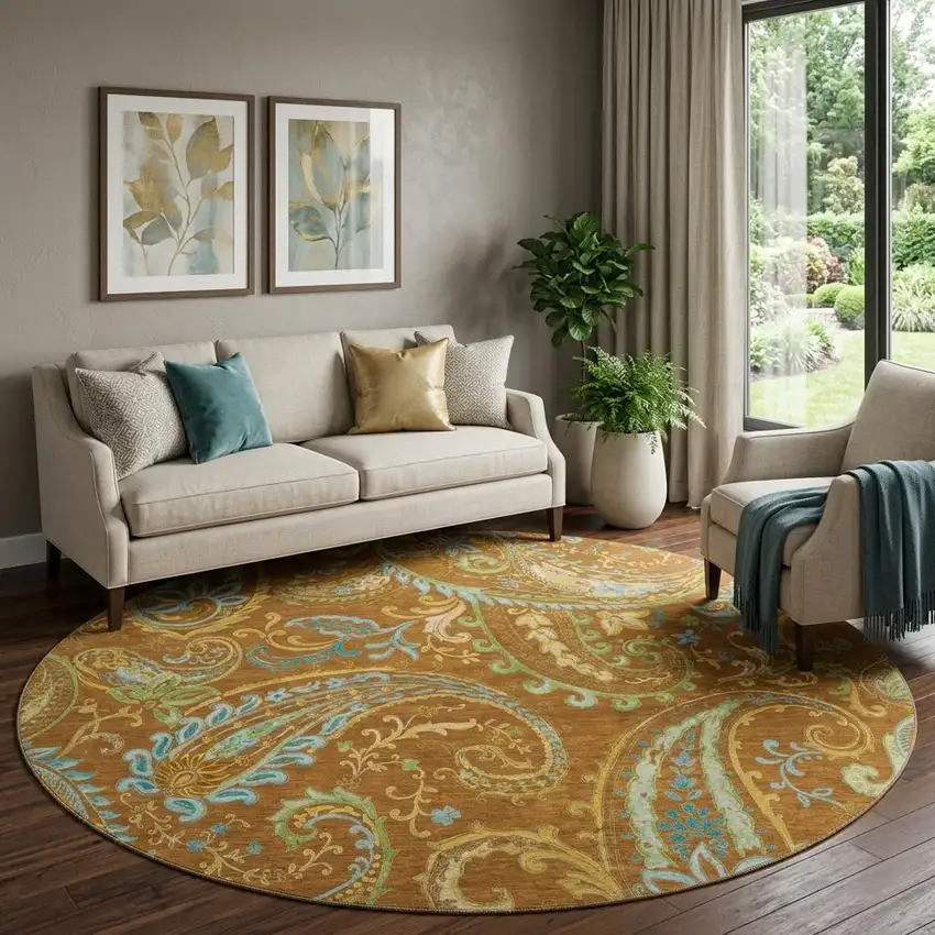 8' Rust Blue And Green Paisley Washable Round Rug With UV Protection Photo 1