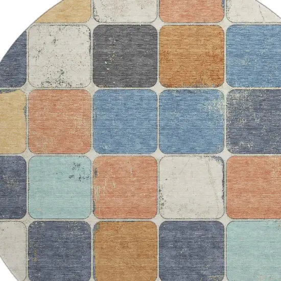 8' Rust Blue And Ivory Geometric Washable Round Rug With UV Protection Photo 3