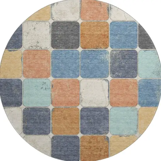 8' Rust Blue And Ivory Geometric Washable Round Rug With UV Protection Photo 4