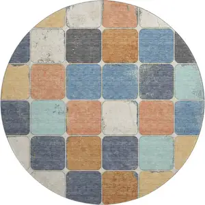 Photo of 8' Rust Blue And Ivory Geometric Washable Round Rug With UV Protection