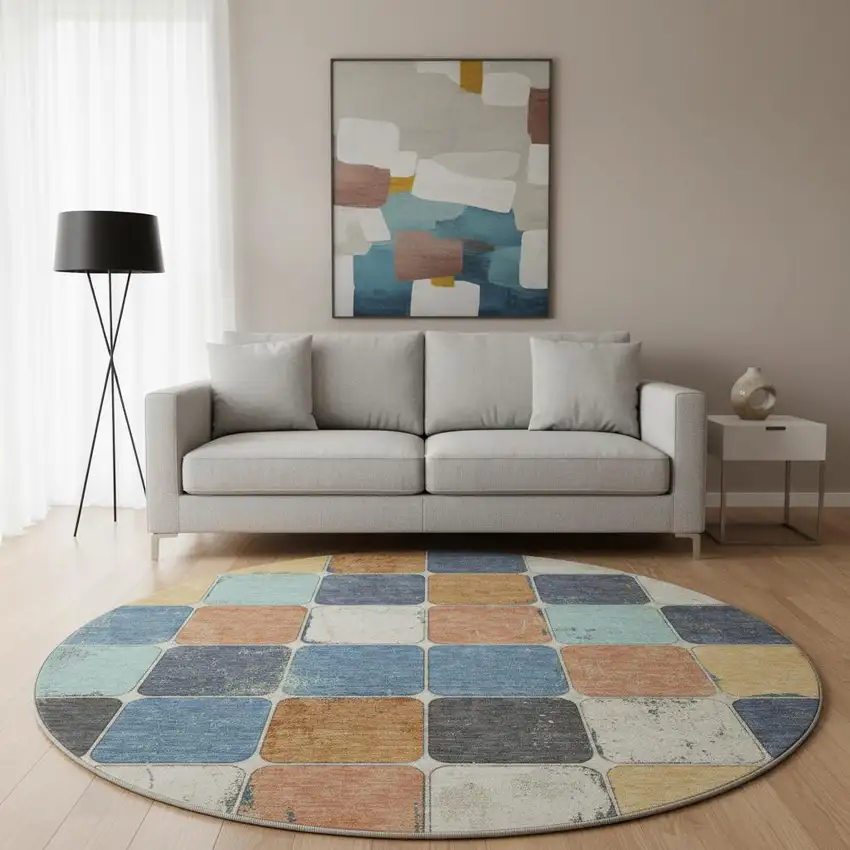 8' Rust Blue And Ivory Geometric Washable Round Rug With UV Protection Photo 2