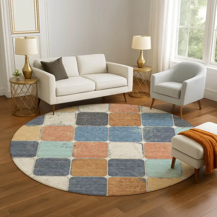 8' Rust Blue And Ivory Geometric Washable Round Rug With UV Protection Photo 5