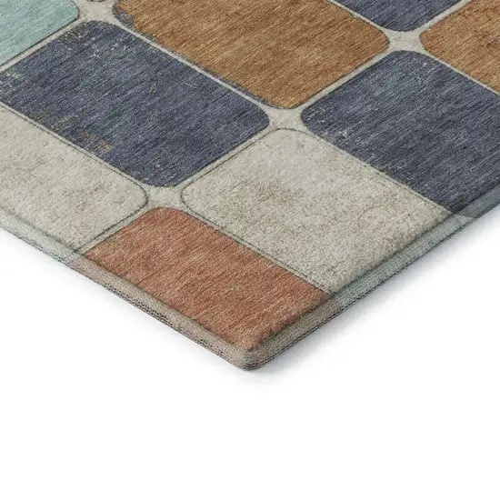 8' Rust Blue And Ivory Geometric Washable Round Rug With UV Protection Photo 7