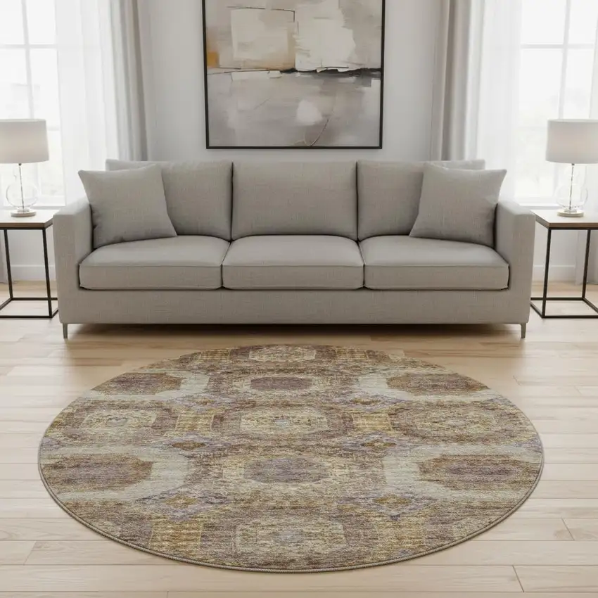 8' Rust Brown And Beige Abstract Geometric Washable Round Rug With UV Protection Photo 2