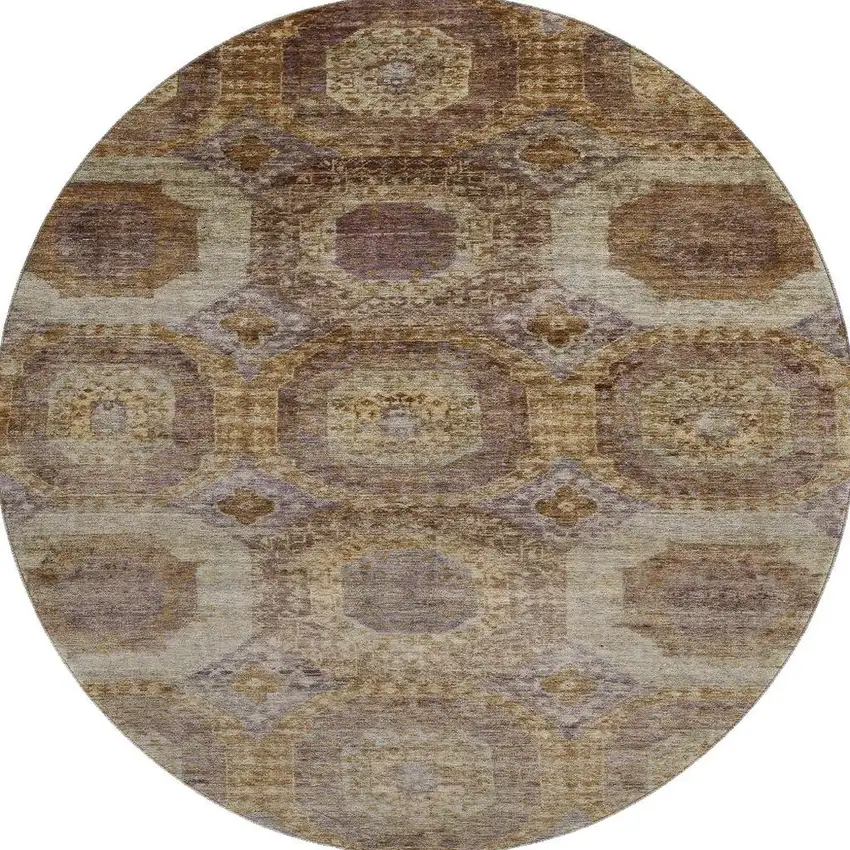 8' Rust Brown And Beige Abstract Geometric Washable Round Rug With UV Protection Photo 4