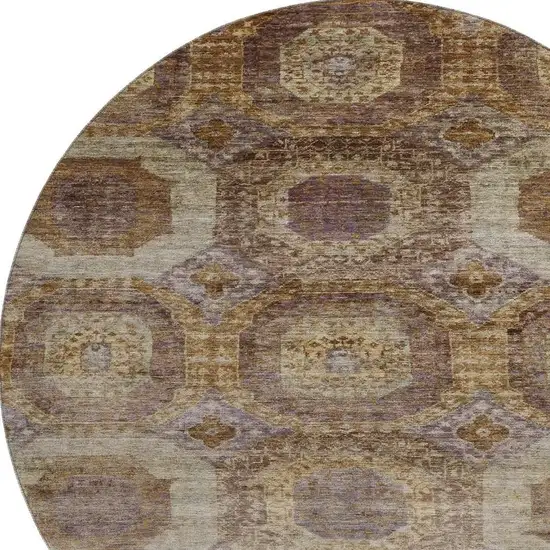 8' Rust Brown And Beige Abstract Geometric Washable Round Rug With UV Protection Photo 3