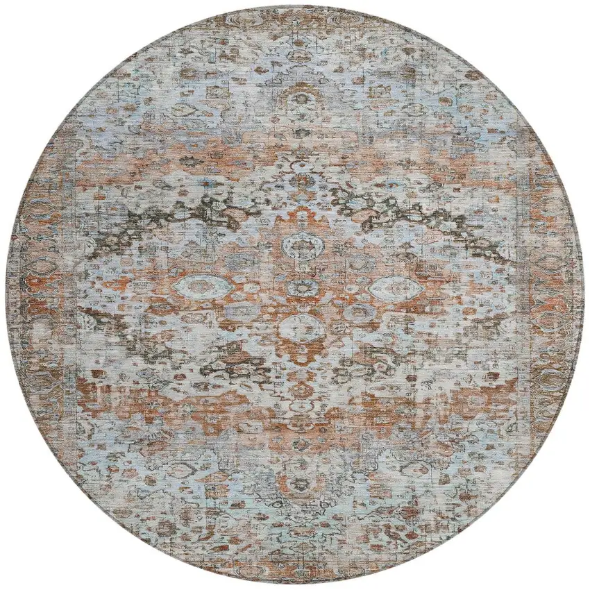 8' Rust Brown And Beige Round Floral Washable Indoor Outdoor Area Rug Photo 3