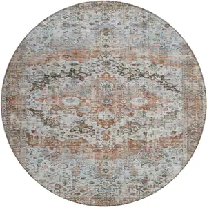 Photo of 8' Rust Brown And Beige Round Floral Washable Indoor Outdoor Area Rug