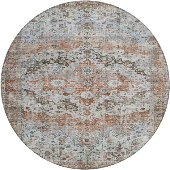 8' Rust Brown And Beige Round Floral Washable Indoor Outdoor Area Rug Photo 1