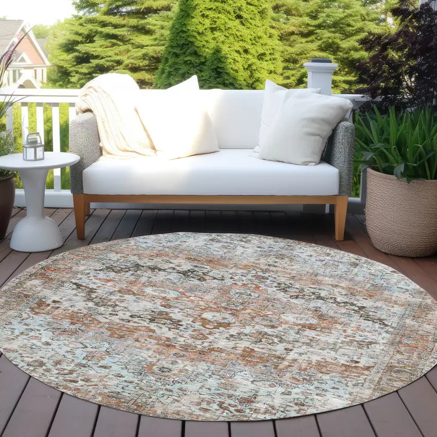 8' Rust Brown And Beige Round Floral Washable Indoor Outdoor Area Rug Photo 5