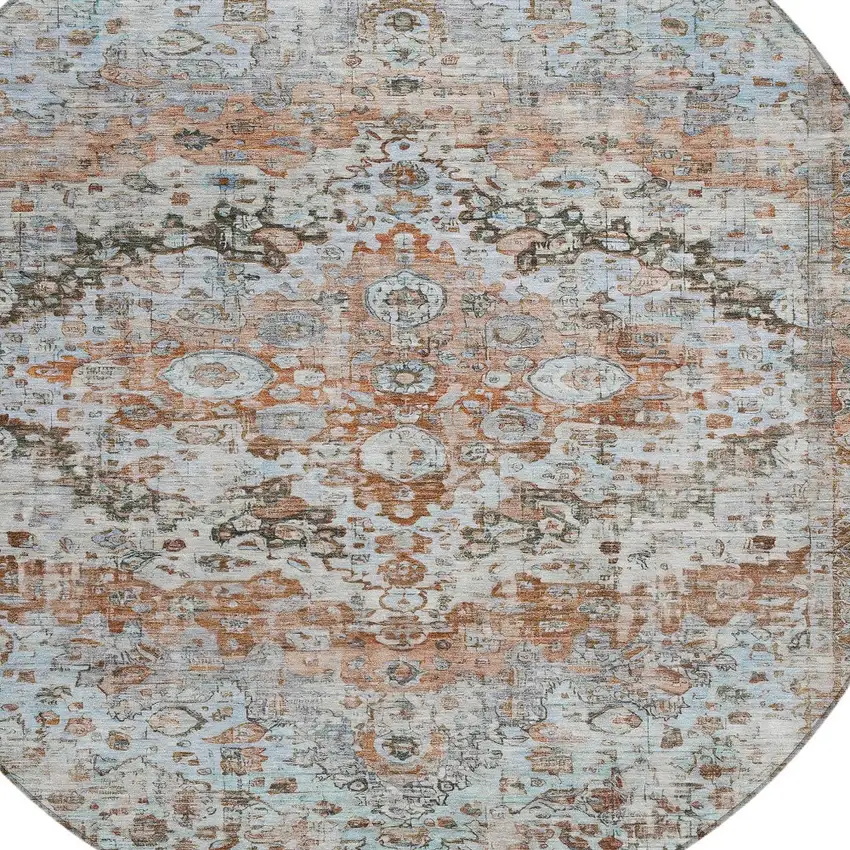 8' Rust Brown And Beige Round Floral Washable Indoor Outdoor Area Rug Photo 7