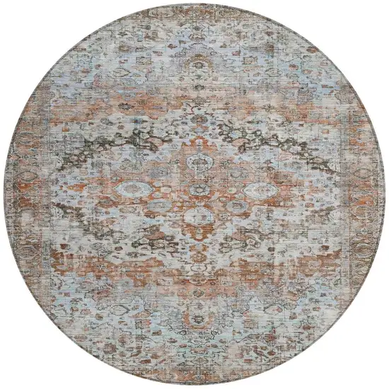 8' Rust Brown And Beige Round Floral Washable Indoor Outdoor Area Rug Photo 4