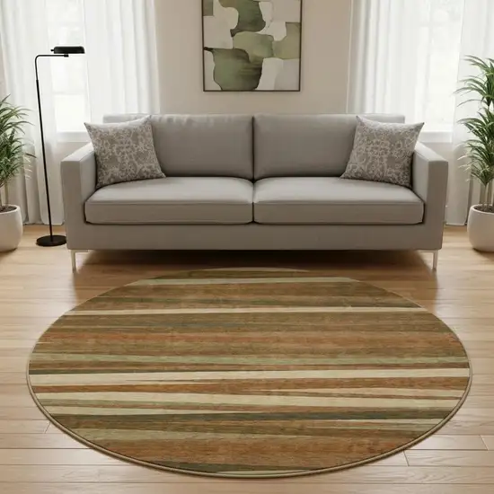 8' Rust Brown And Copper Striped Washable Round Rug With UV Protection Photo 2
