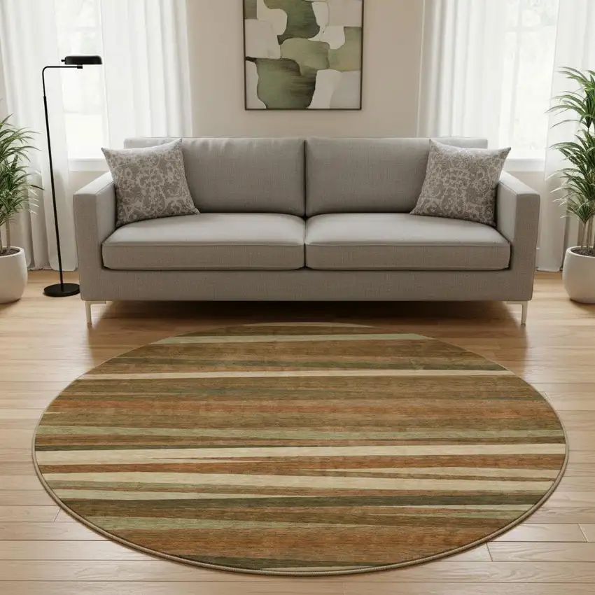 8' Rust Brown And Copper Striped Washable Round Rug With UV Protection Photo 2
