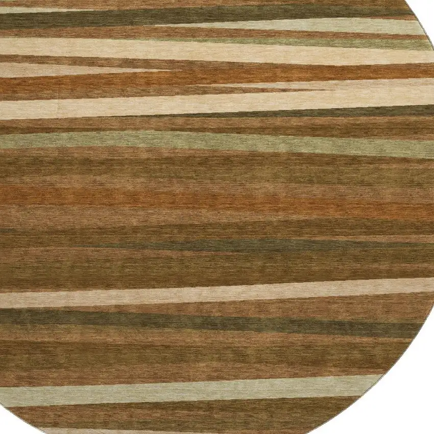 8' Rust Brown And Copper Striped Washable Round Rug With UV Protection Photo 2