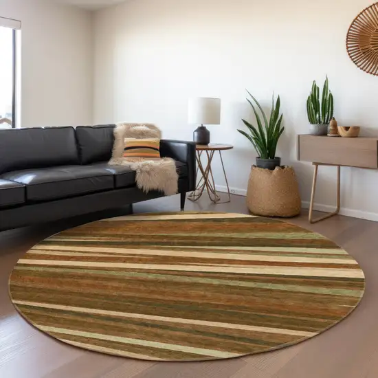 8' Rust Brown And Copper Striped Washable Round Rug With UV Protection Photo 4
