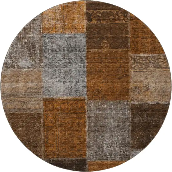 8' Rust Brown And Gray Patchwork Washable Round Rug With UV Protection Photo 4