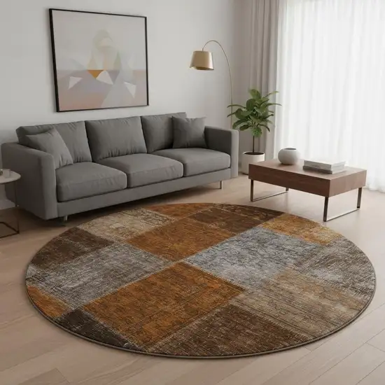8' Rust Brown And Gray Patchwork Washable Round Rug With UV Protection Photo 2