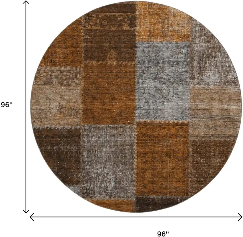 8' Rust Brown And Gray Patchwork Washable Round Rug With UV Protection Photo 3