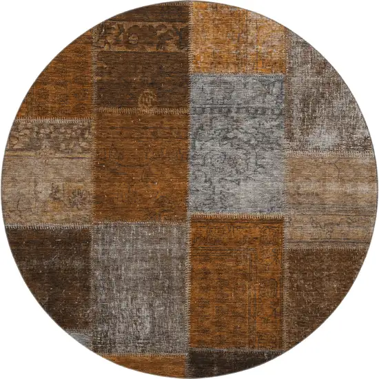 8' Rust Brown And Gray Patchwork Washable Round Rug With UV Protection Photo 1