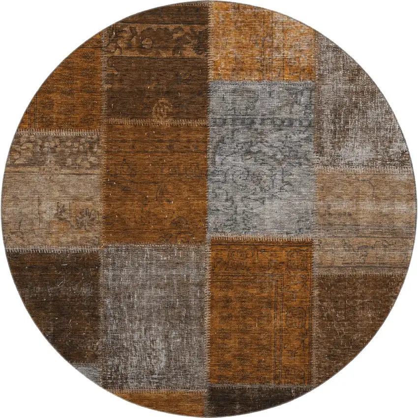 8' Rust Brown And Gray Patchwork Washable Round Rug With UV Protection Photo 1