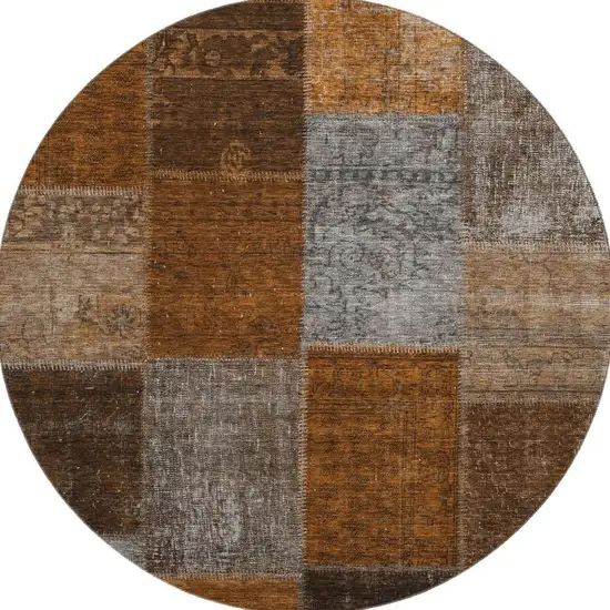 8' Rust Brown And Gray Patchwork Washable Round Rug With UV Protection Photo 3