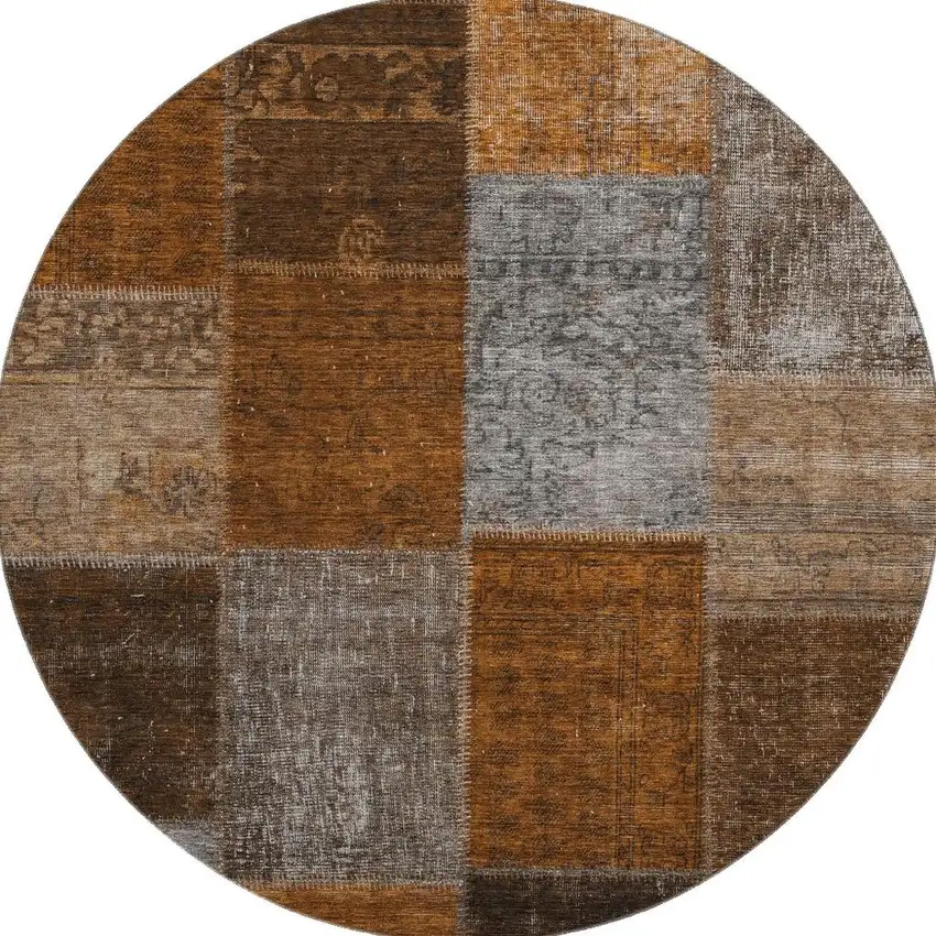 8' Rust Brown And Gray Patchwork Washable Round Rug With UV Protection Photo 3