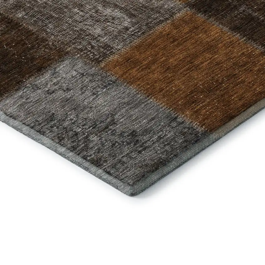 8' Rust Brown And Gray Patchwork Washable Round Rug With UV Protection Photo 7