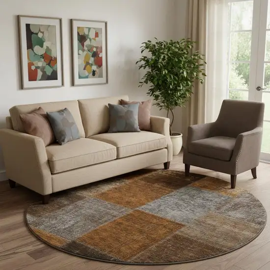 8' Rust Brown And Gray Patchwork Washable Round Rug With UV Protection Photo 1