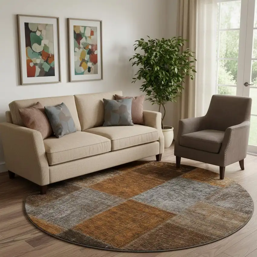 8' Rust Brown And Gray Patchwork Washable Round Rug With UV Protection Photo 1