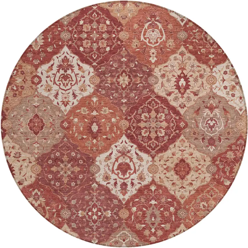8' Rust Burgundy And Ivory Round Floral Medallion Washable Indoor Outdoor Area Rug Photo 2