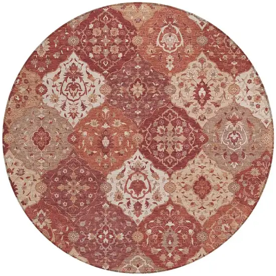 8' Rust Burgundy And Ivory Round Floral Medallion Washable Indoor Outdoor Area Rug Photo 4