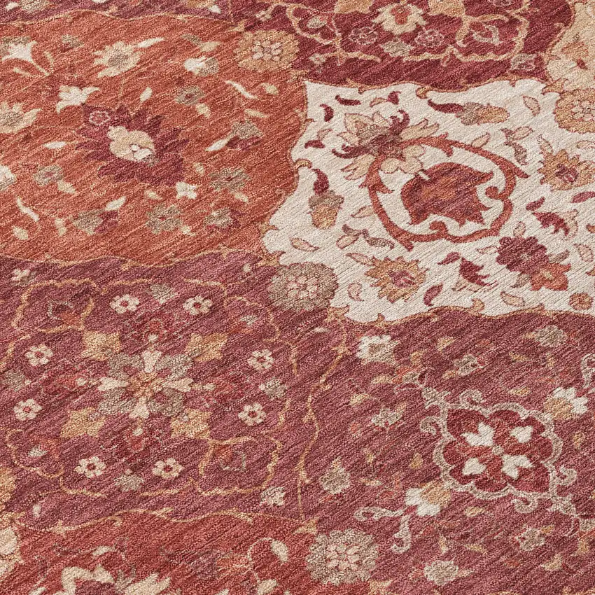 8' Rust Burgundy And Ivory Round Floral Medallion Washable Indoor Outdoor Area Rug Photo 8