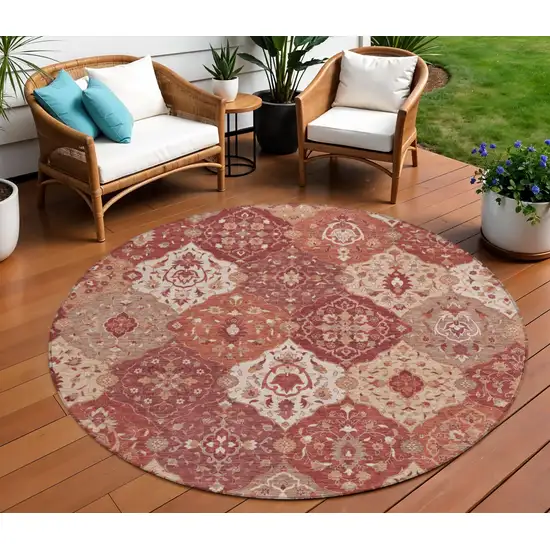 8' Rust Burgundy And Ivory Round Floral Medallion Washable Indoor Outdoor Area Rug Photo 1